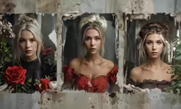 four beautiful young women standing in front of torn posters