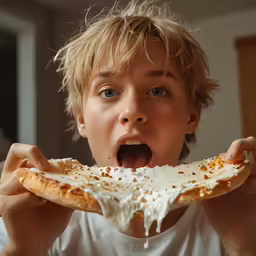 a boy has an amazed look on his face while eating a giant piece of pizza