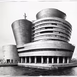 the unique building in front of the water is made out of large concrete containers