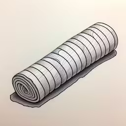 a white surface with a roll of white paper,a drawing of a rolled up yoga mat