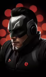 a man in black and red costume wearing headphones