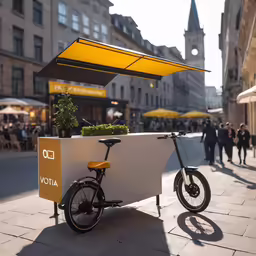 a bike that is standing next to a table with a planter