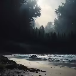 trees and grass around water on shore at night