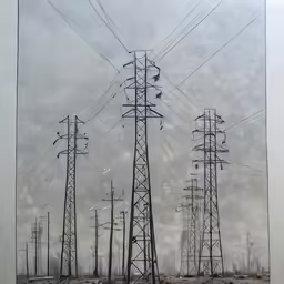 some telephone poles a hill some buildings and clouds