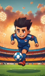 a young boy playing soccer in front of a stadium,a kid is running with a soccer ball