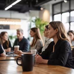 a group of people sit around a table with cups