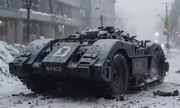 the vehicle is driving down the snowy street