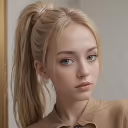 a beautiful blond haired woman with blue eyes looking at the camera