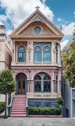 a large brown and pink building sitting next to a tree