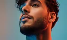 an individual shot with the bright blue of the background