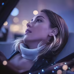 a blonde woman sits in the passenger seat of a car