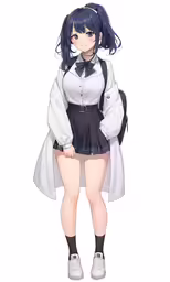 a cartoon girl with short, blue hair wearing a white dress and black shorts