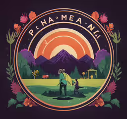an illustration of a couple standing with a surfboard,an image of a couple walking down a path with mountains in the background