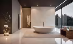 this bathroom has a large tub, sink and mirror