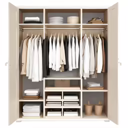 white closet with shelves and clothes on it