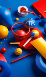 an abstract photo, with blue, red and yellow objects and other items