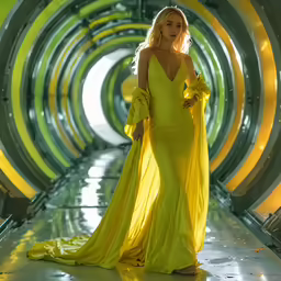 a woman in a long yellow gown poses for a picture