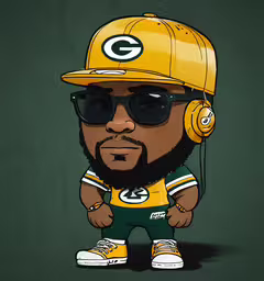 an african american man with headphones and glasses on,a green bay packers fan art featuring the character green bay