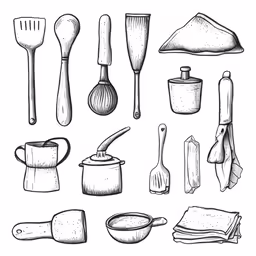 a bunch of kitchen tools on a white background