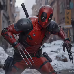 a man in red costume with weapons next to buildings