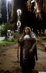 a woman in a dress holds an old wooden pole