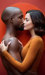 young african couple embracing each other in front of a circular background