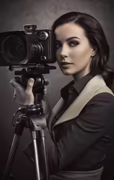 an attractive woman holding a camera while standing