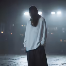 a young woman standing in front of a row of lights