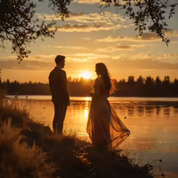 man and woman standing beside the water as the sun sets