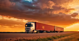 a semi truck drives down a rural road at sunset,a truck travels down an empty road with red clouds