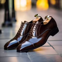 a brown laceless shoes on a tiled floor,a man