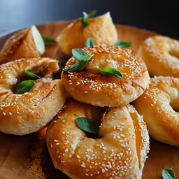 bagels covered in sesame seeds on a wooden plate