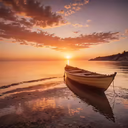 a boat sitting on a shore during sunset
