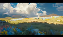 the sky is filled with puffy white sheep in a field