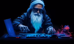an old man working at a keyboard on stage
