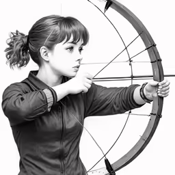 a woman is holding her bow while shooting at the target
