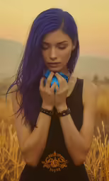 a woman is standing in a wheat field with her hands under her face