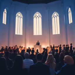 a very big room full of people with windows