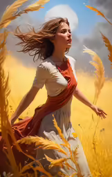 a painting of a girl in a dress walking through tall grass