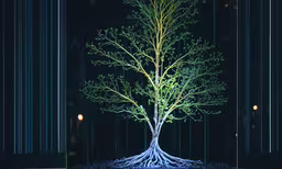 an illuminated tree is shown in the middle of the stage,a big leafy green tree in the middle of a stage