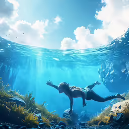 an underwater photo of a woman laying down in a pool of water