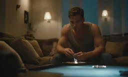 a man sitting on a couch holding a game table