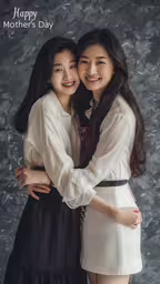 two women hugging with their arms around each other,two women hug while posing for the camera