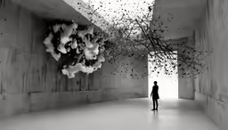 a person stands in an empty room with lots of clouds