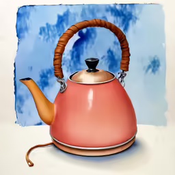 a painting of a kettle with a handle and an external tea pot