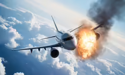 jet airplane with the engine burning down in the sky