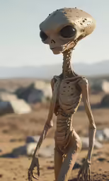 a fake alien in a dirt area