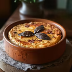a round ceramic dish with two baked item in the center