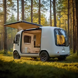 small white van parked in the woods with its door open