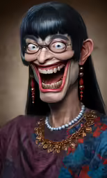 a creepy woman wearing red and blue necklace